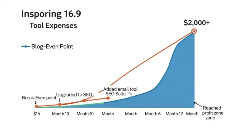 Tool Expenses Graph: Blog reaching profit zone over time. Insporing 16.9 results.